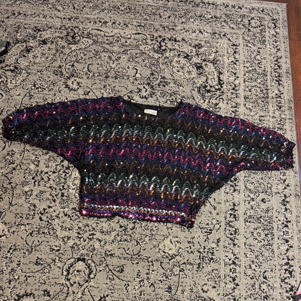 Multicolor sequin vintage Zigzag Pattern  disco blouse Sweater